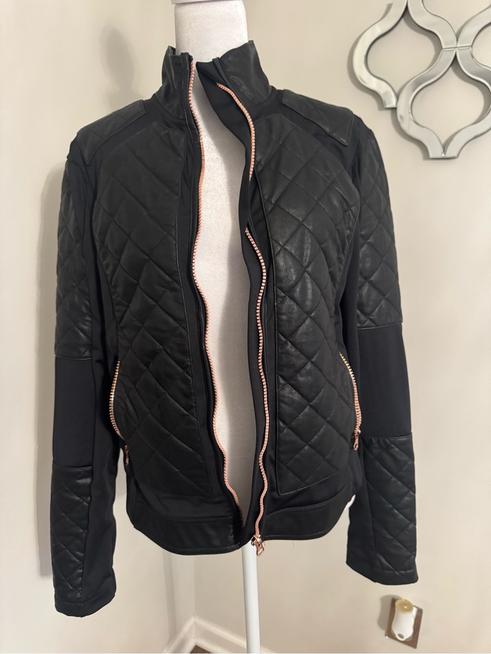 Women's Black Quilted Bomber Jacket with Rose Gold Zippers